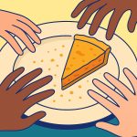 Four hands reaching for one piece of pie.